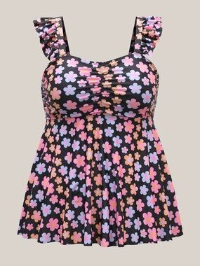 Floral Ruffle Strap swim top - Black with Pink & Lavender Flowers